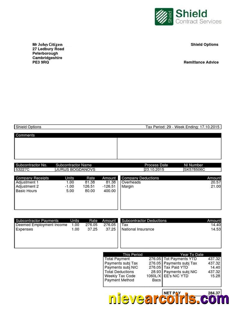 UNITED KINGDOM SHIELD contract services payslip